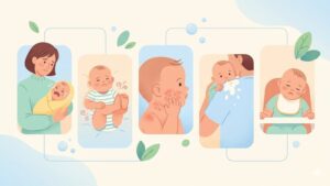 Иллюстрация с младенцем и бутылочкой смеси для статьи о выборе правильного детского питания
