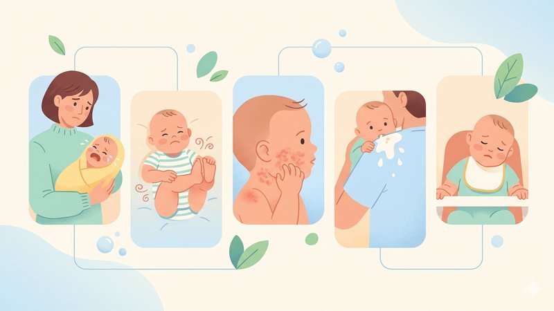 Иллюстрация с младенцем и бутылочкой смеси для статьи о выборе правильного детского питания